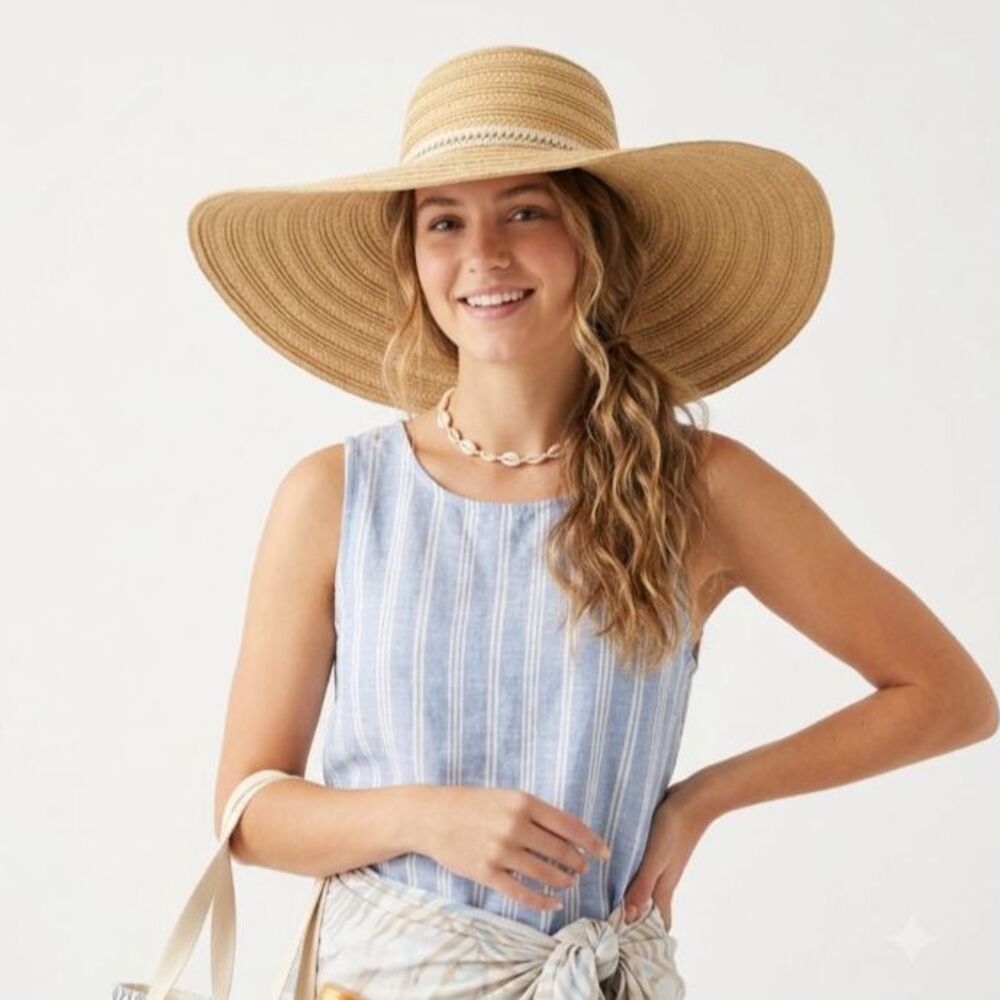 Halogen Women's Natural Tan Woven Floppy Wide Brim Adjustable Sun Hat